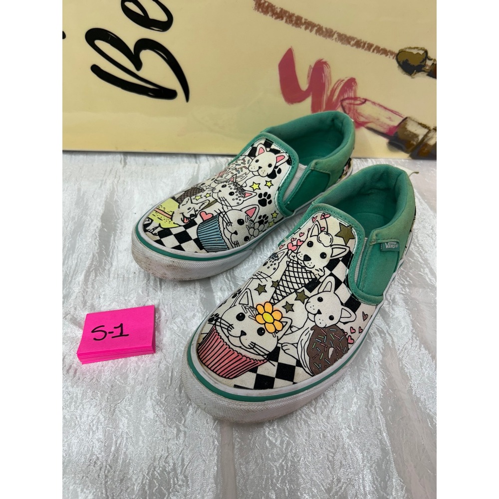Vans Classic Slip-On Color Me Teal Cat Dog Cupcake Sneakers Kids Missy Size 4.0